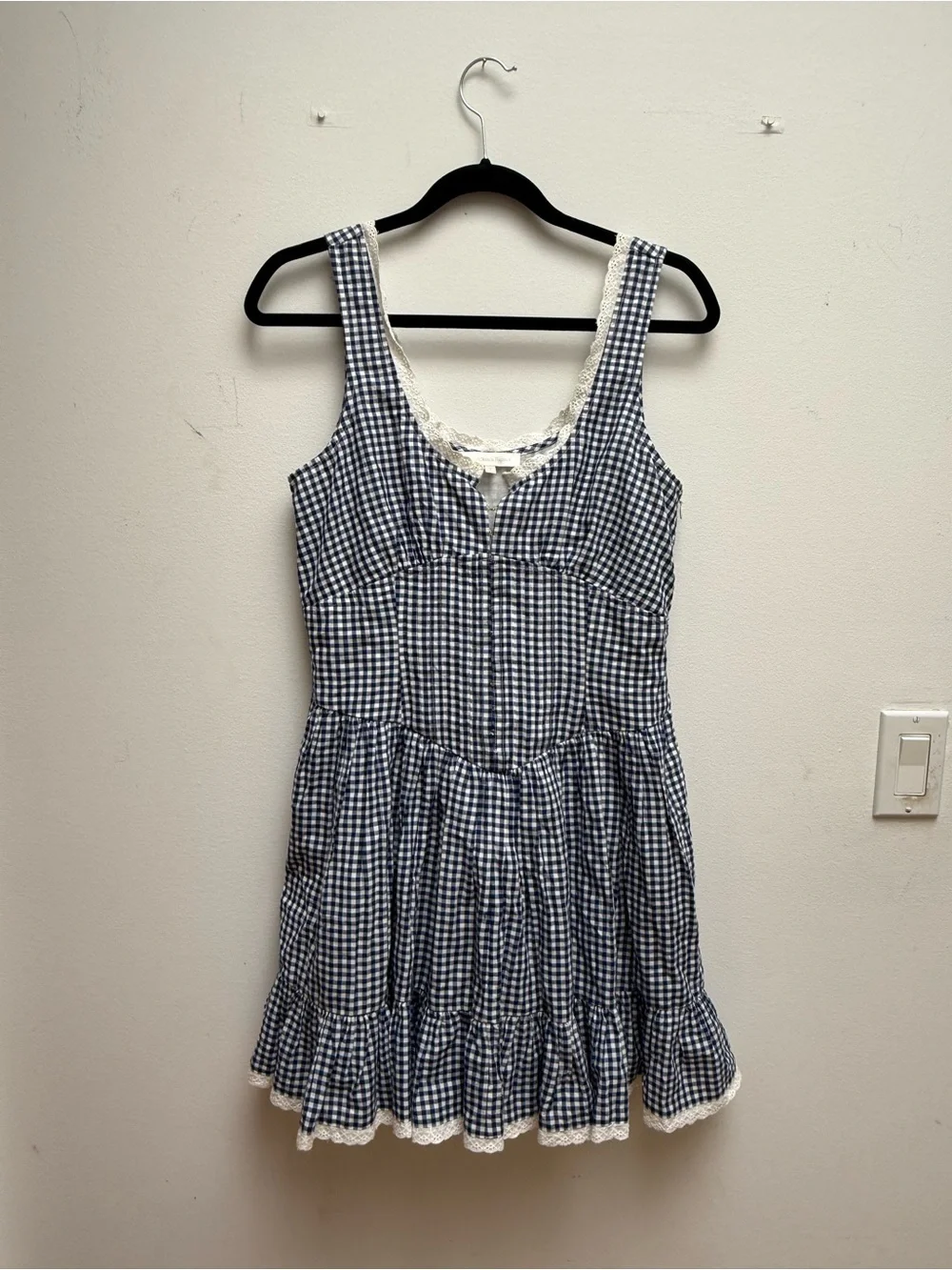 Love Shack Fancy Gingham Lace-Trim Dress - Navy and White